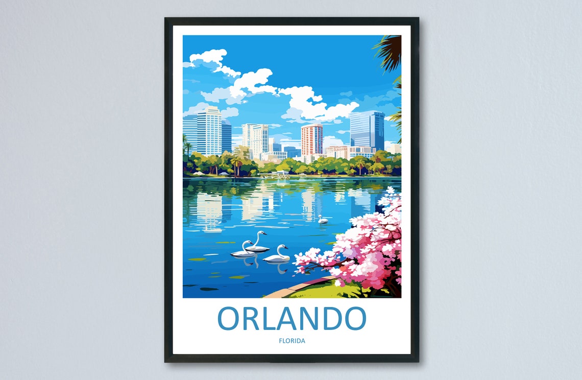 Orlando Florida Lake Eola Skyline Swans Minimalist Travel Poster