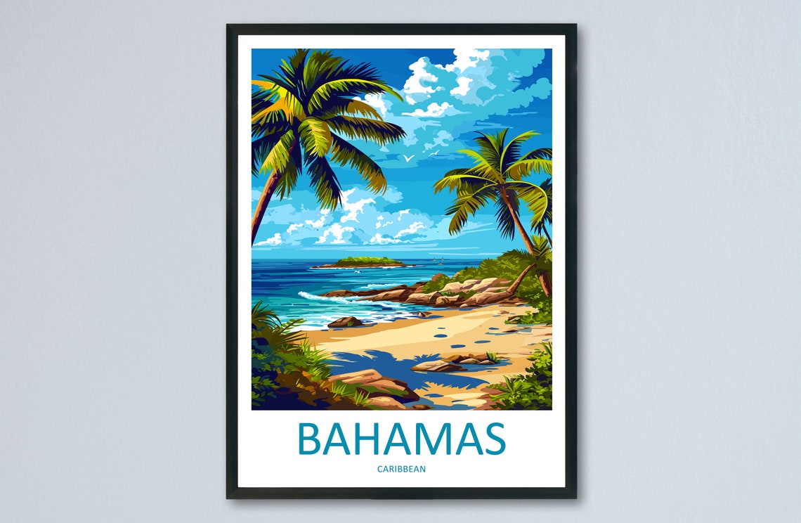Bahamas Caribbean Palm Beach Retro Tropical Island Travel Poster