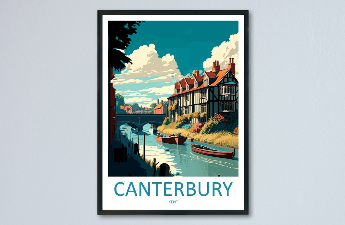 Canterbury Kent England Riverside Boats and Timbered House Poster