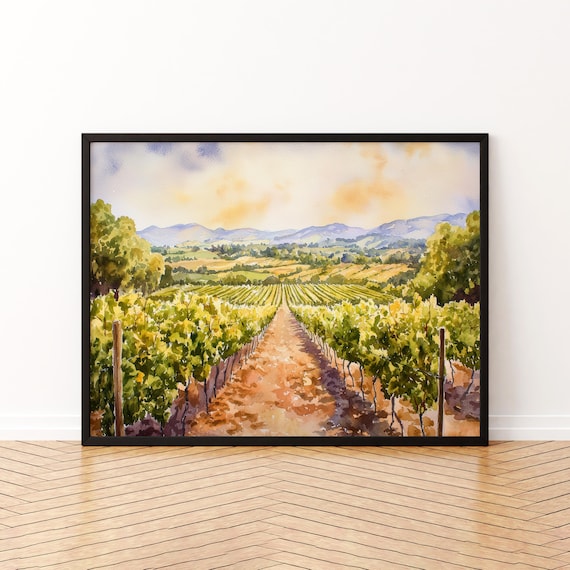 Napa Valley Vineyard Rows Watercolor Wine Country Travel Print