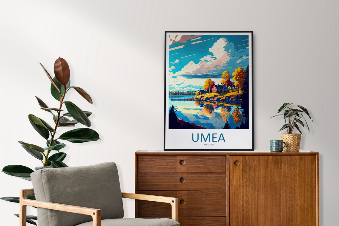 Umea Sweden Golden Autumn Lakeside Cabin Reflections Travel Poster - Image 2