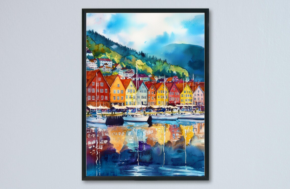 Bergen Bryggen Wharf Colorful Harbor Watercolor Travel Poster
