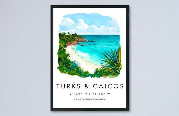Turks And Caicos Tropical Beach Turquoise Cove Watercolor Travel Poster