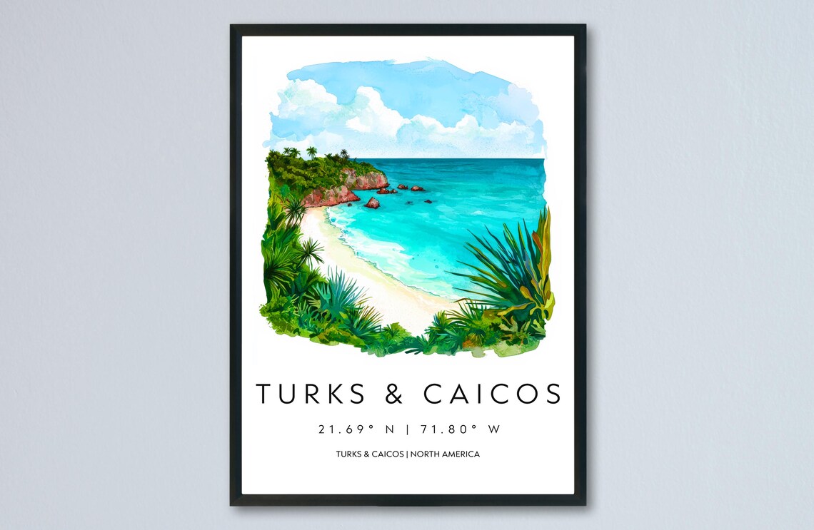 Turks And Caicos Tropical Beach Turquoise Cove Watercolor Travel Poster