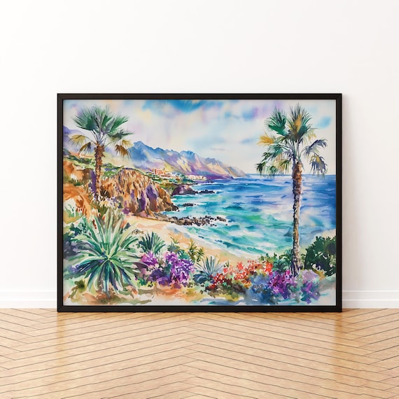 Tenerife Spain Watercolor Poster Tropical Coastline Palms Beach And Cliffs