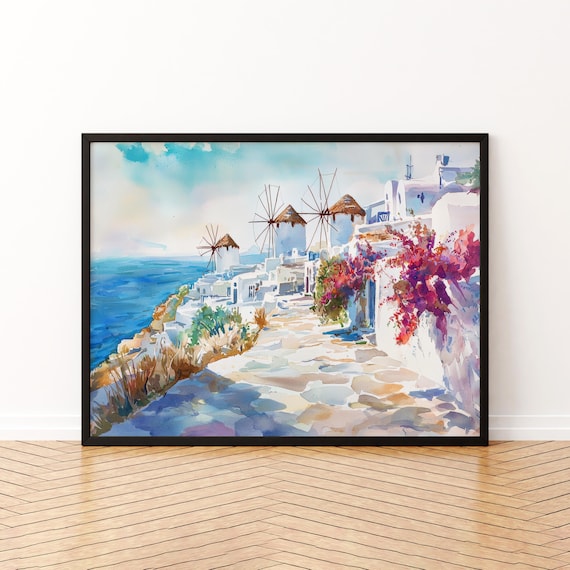 Mykonos Watercolor Poster, Greece Landscape Art Print