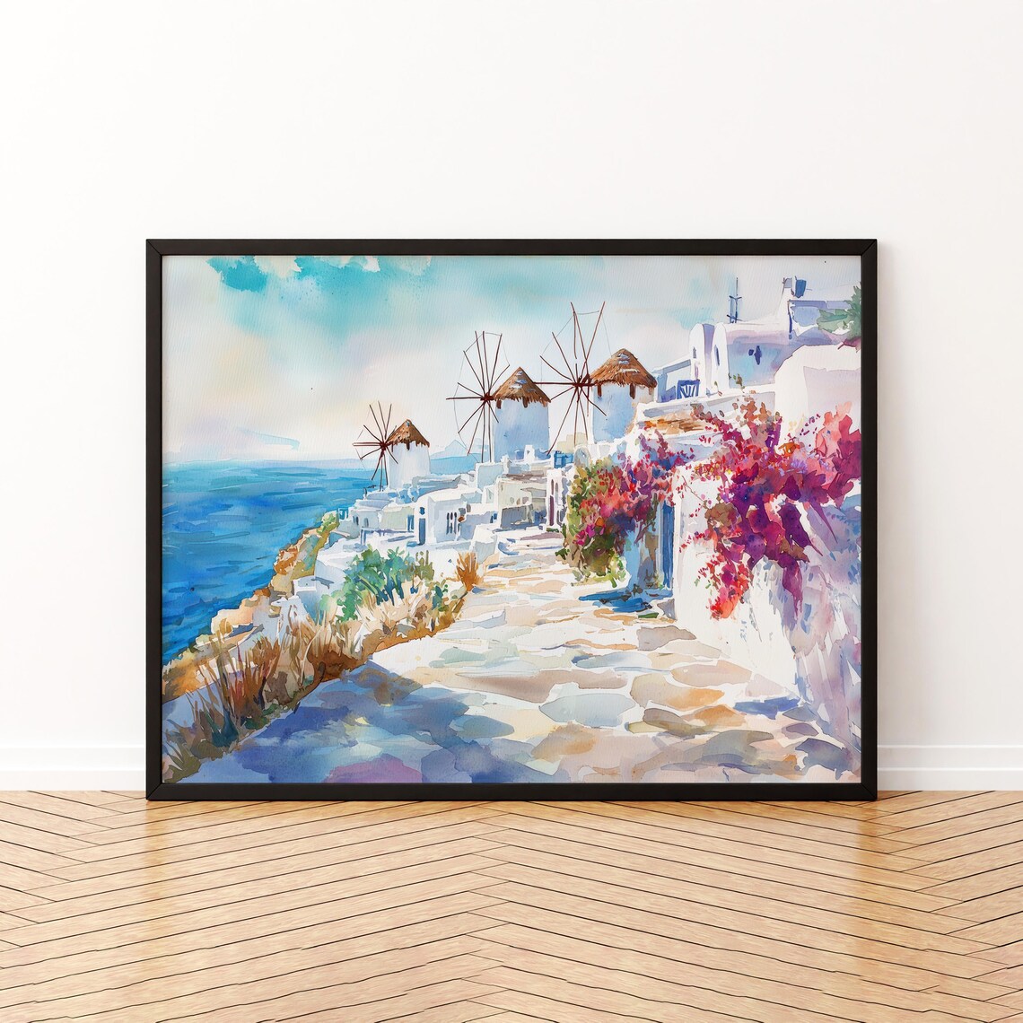 Mykonos Watercolor Poster, Greece Landscape Art Print