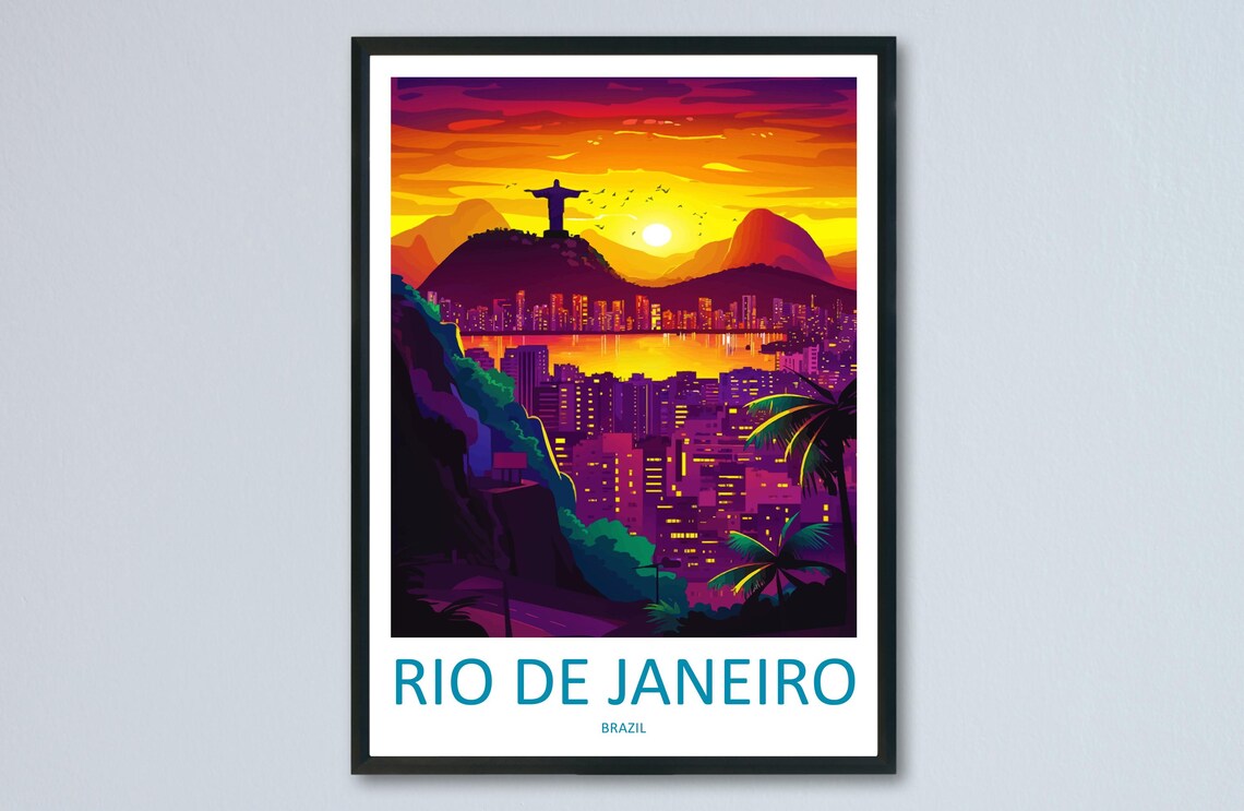 Rio De Janeiro Christ Redeemer Sunset City Lights Brazil Travel Poster