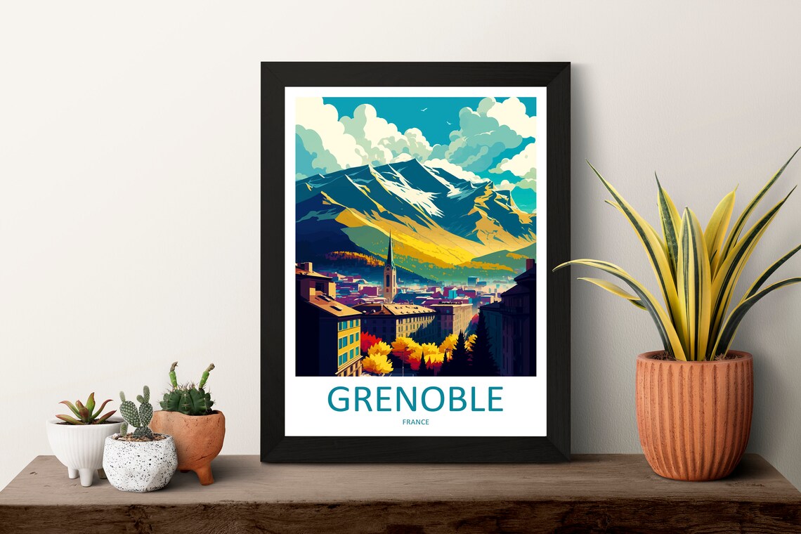 Grenoble France Alpine Peaks Church Spire City Retro Travel Poster - Image 3