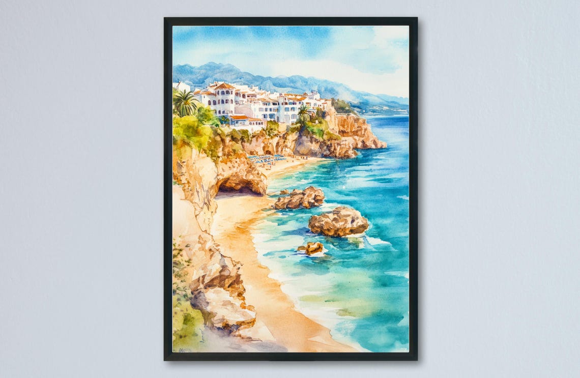 Nerja Spain Andalusian White Village Cliff Beach Watercolor Poster