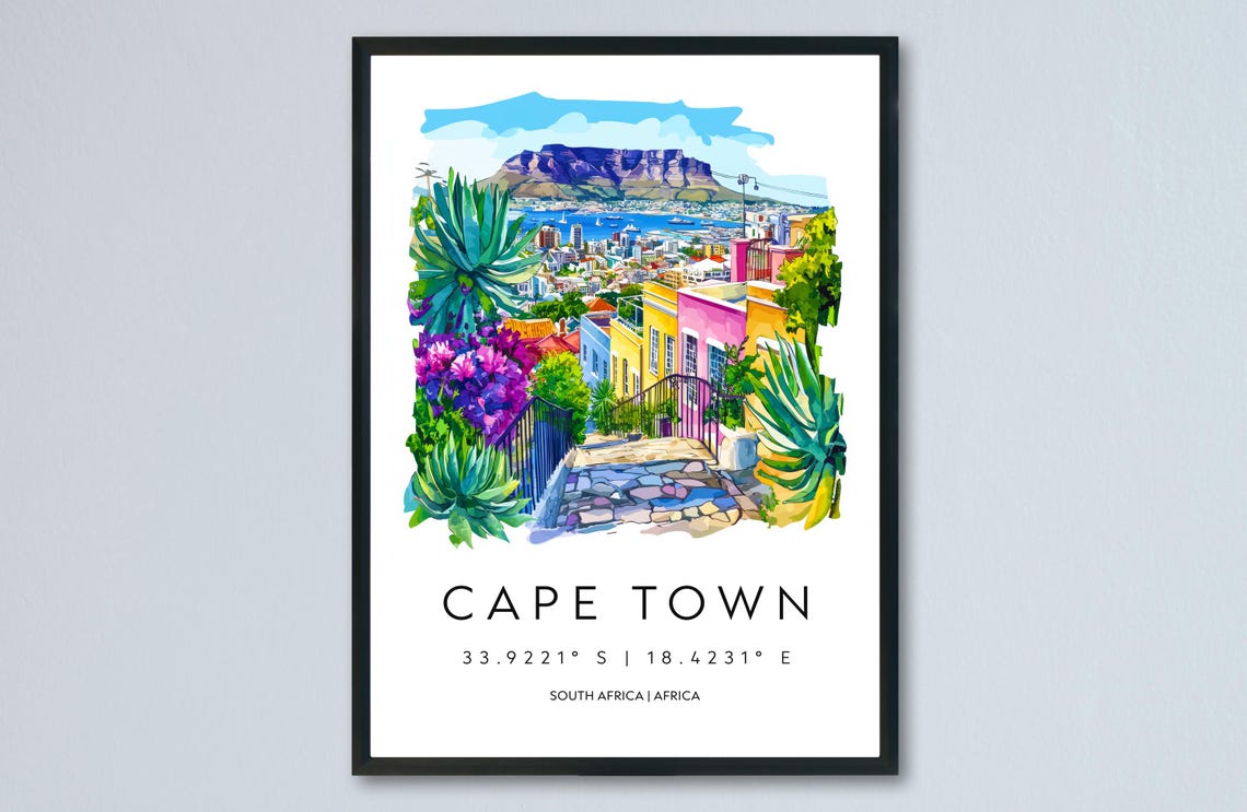 Cape Town Watercolor Bo-Kaap Houses Table Mountain South Africa Poster
