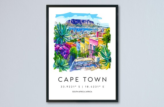 Cape Town Watercolor Bo-Kaap Houses Table Mountain South Africa Poster