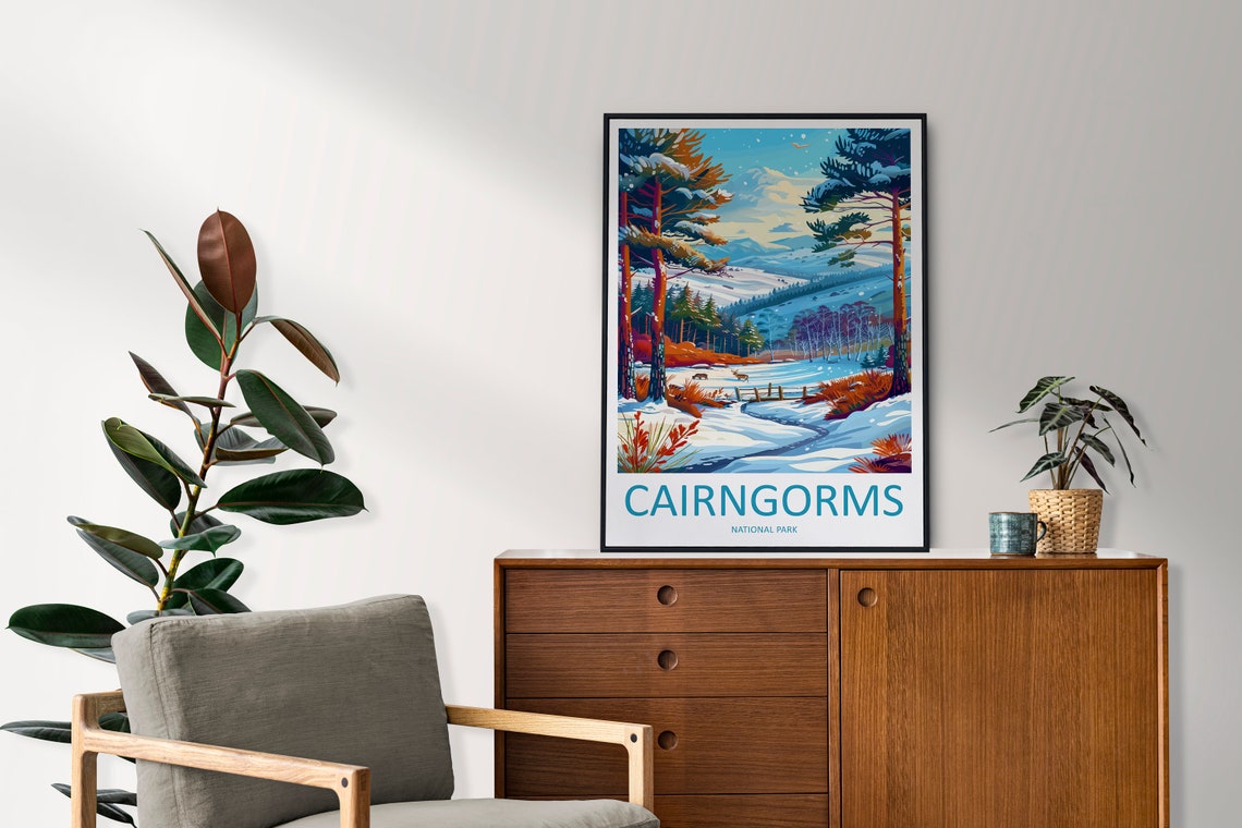 Cairngorms National Park Snowy Winter Forest Deer Scene Poster - Image 2