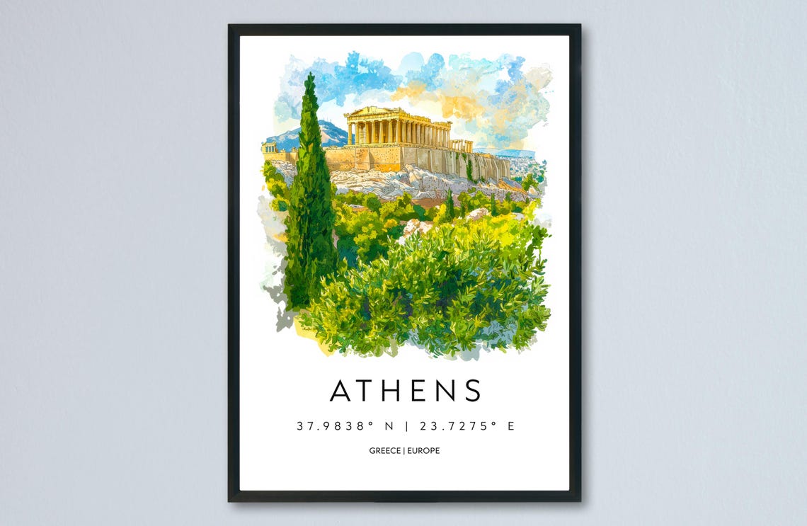 Athens Acropolis Parthenon Cypress Watercolor Greece Travel Poster