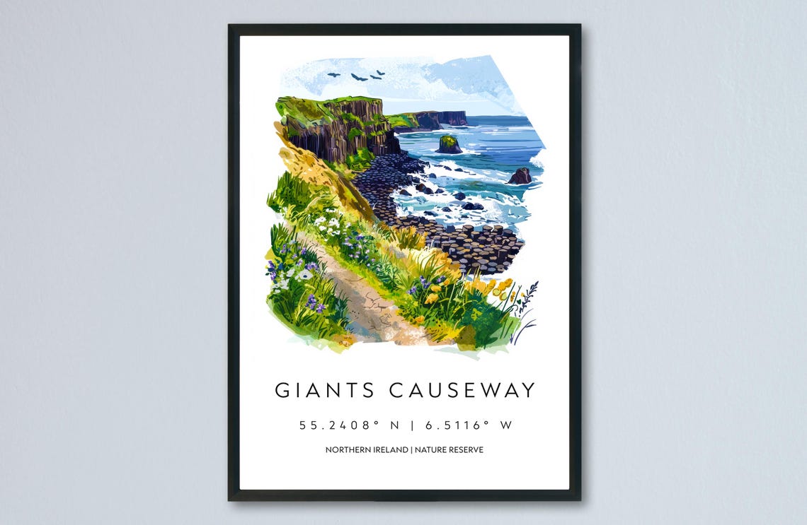 Giants Causeway Northern Ireland Basalt Coast Watercolor Travel Poster