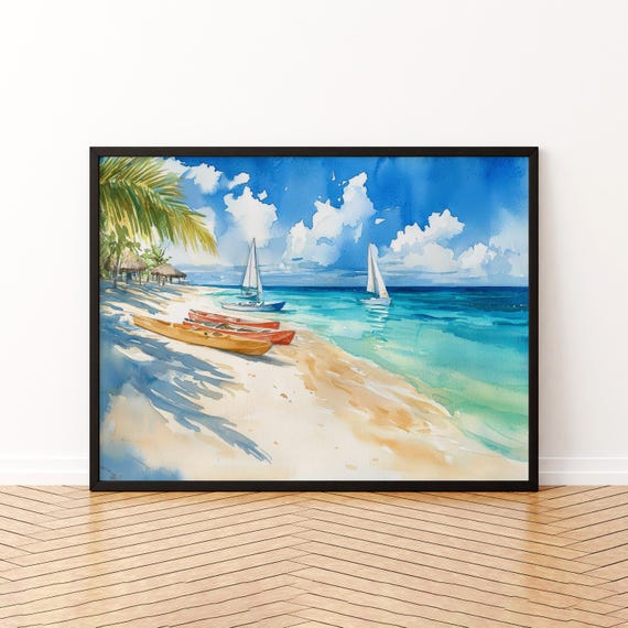 Anguilla Watercolor Travel Poster, Caribbean Beach Landscape