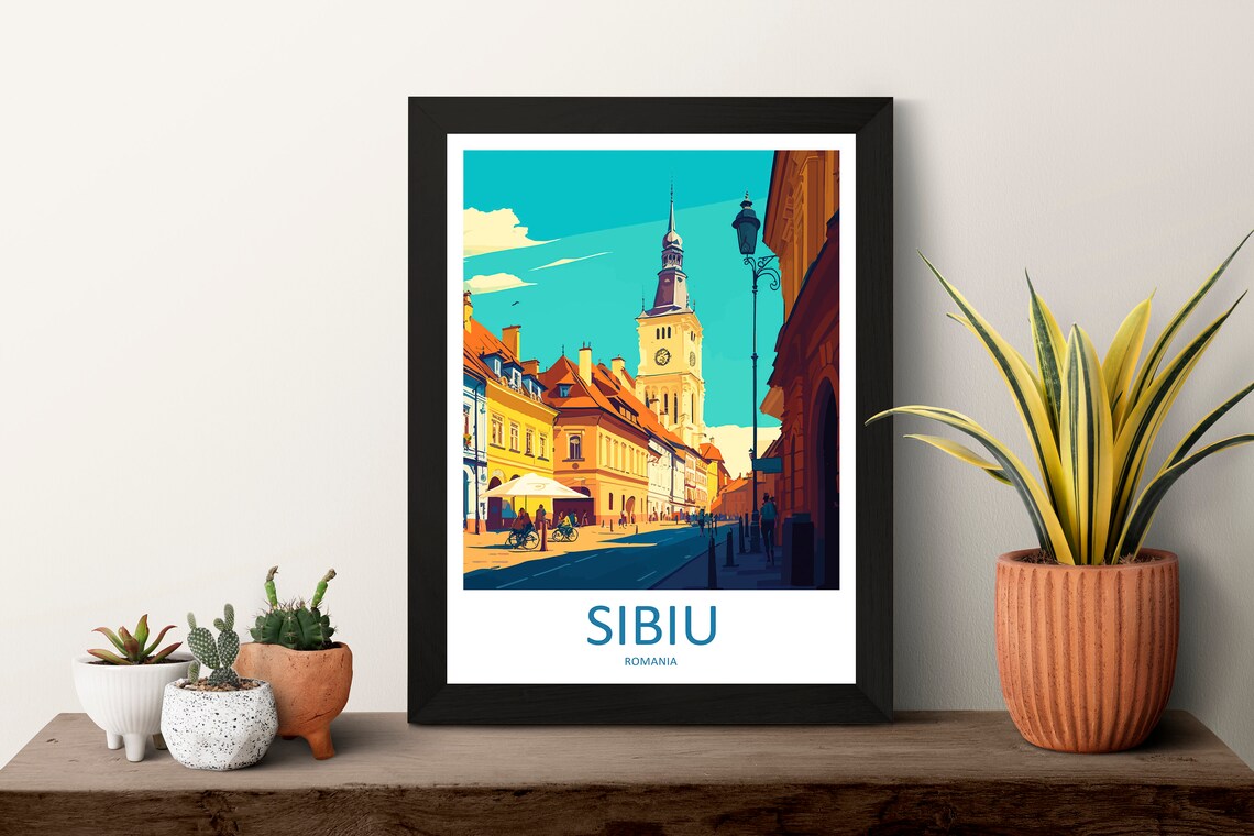 Sibiu Romania Old Town Church Tower Historic Street Travel Poster - Image 3