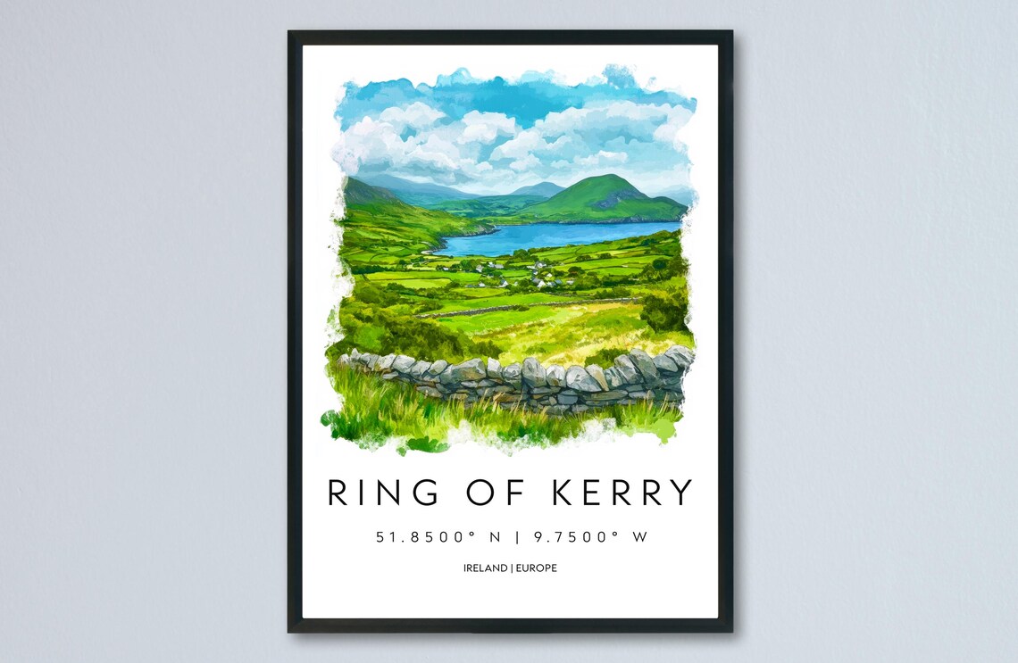 Ring of Kerry Ireland Green Valley Watercolor Travel Art Poster