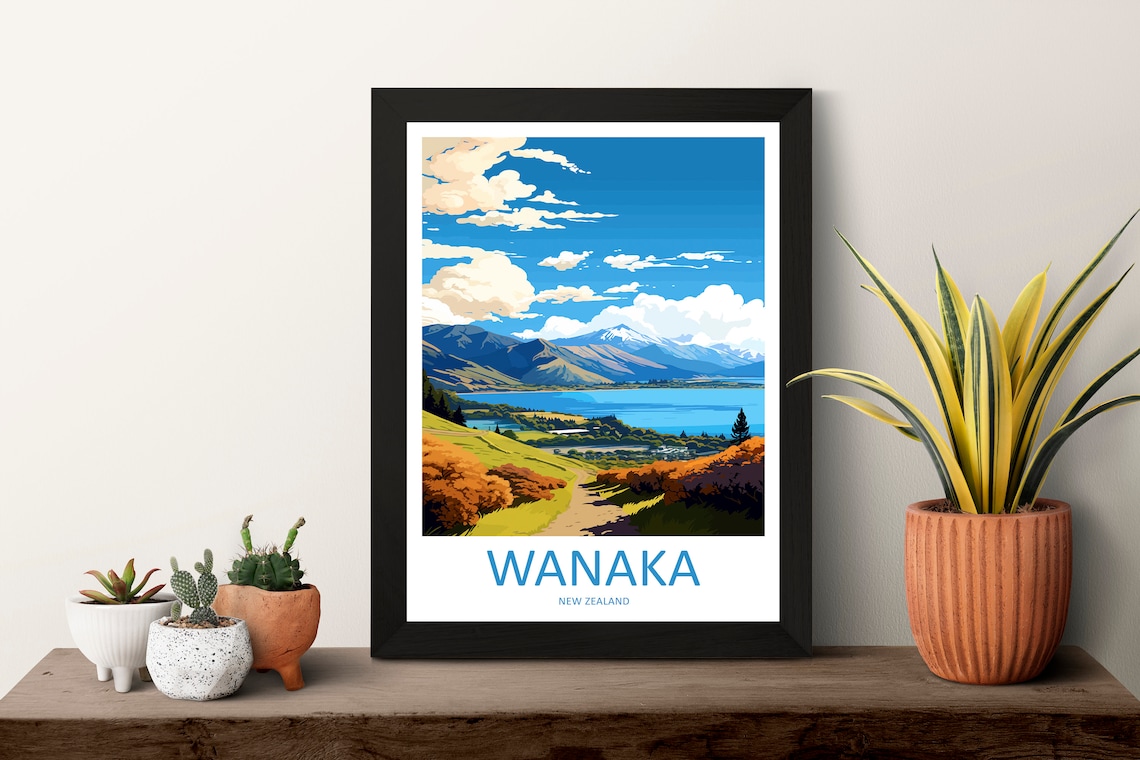 Wanaka Lake Golden Trail Southern Alps New Zealand Travel Poster - Image 3