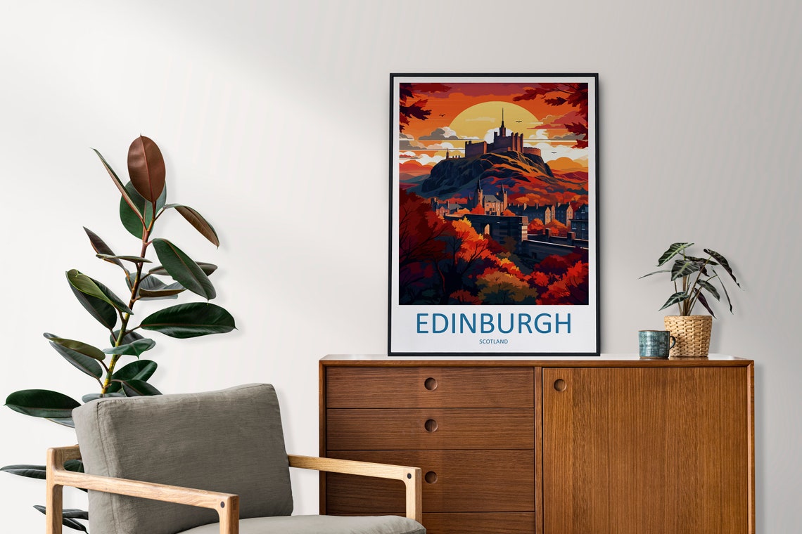 Edinburgh Scotland Castle Autumn Sunset Illustrated Travel Poster - Image 2
