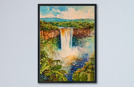 Guyana Waterfall Tropical Rainforest Watercolor Art Scene Poster