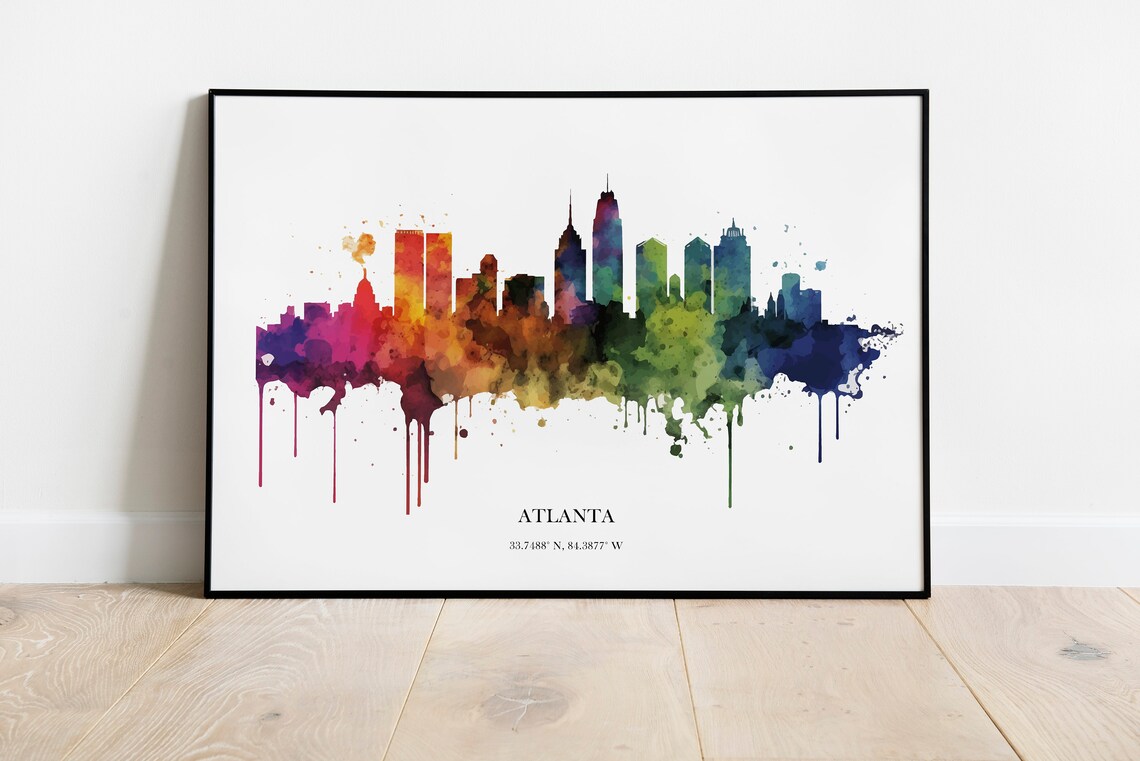 Atlanta Georgia Watercolor Skyline Poster With City Coordinates