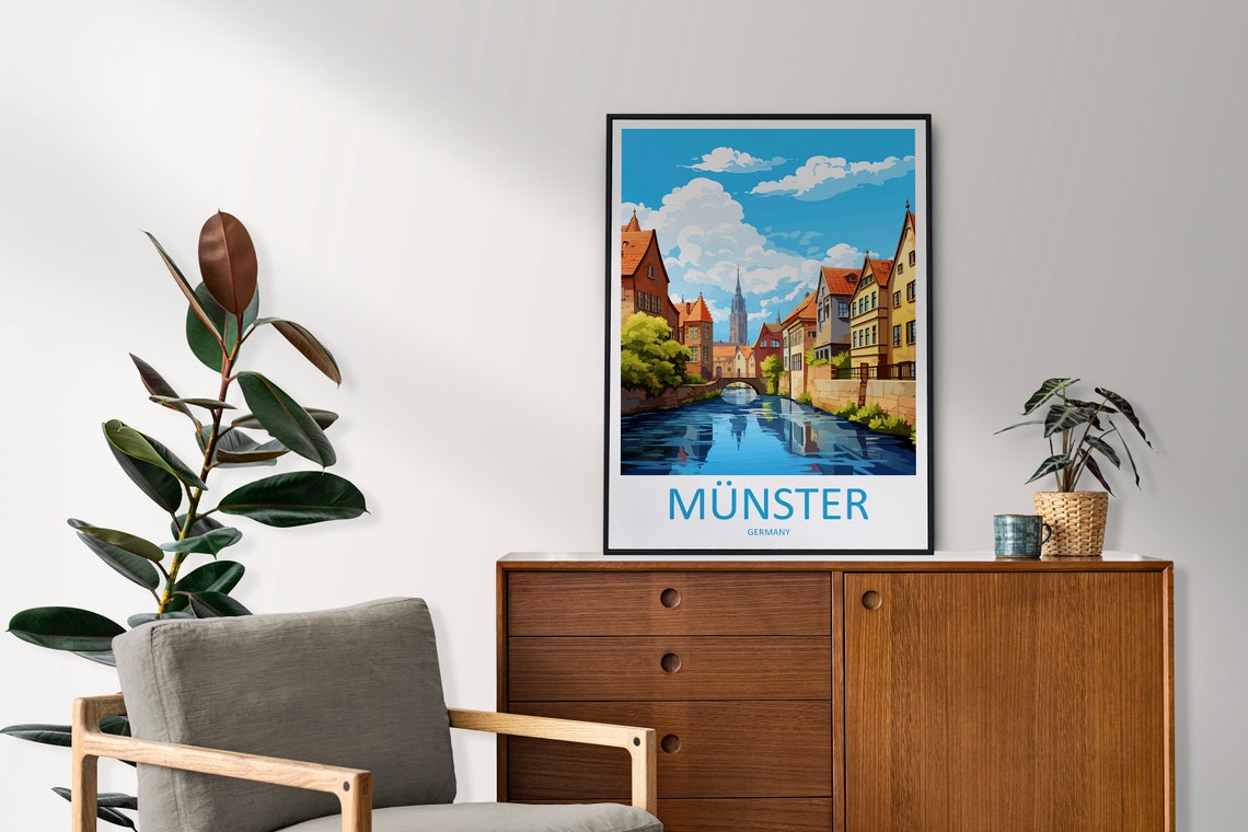 Munster Germany Canal Old Town Travel Illustration Art Poster - Image 2