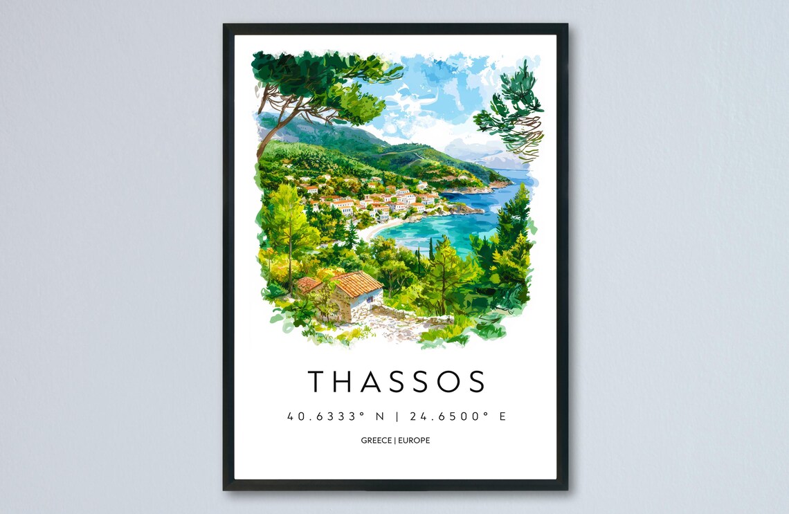 Thassos Watercolor Greece Green Bay Village View Travel Poster