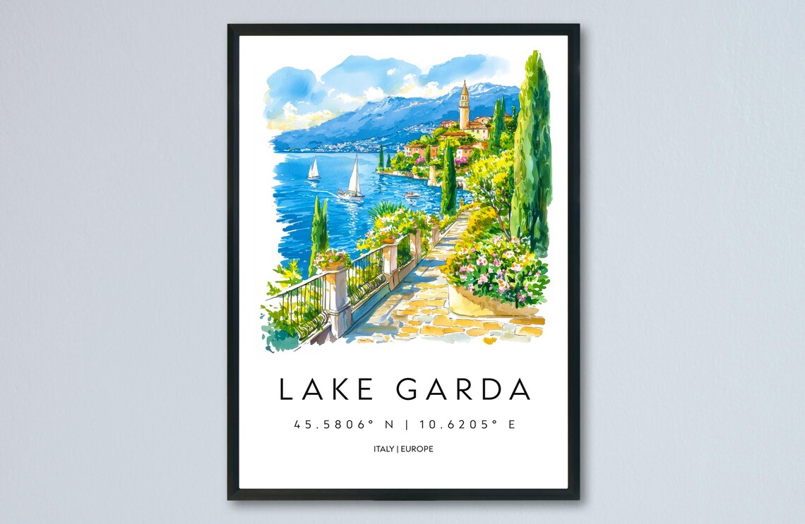 Lake Garda Italy Alpine Lakeside Promenade Watercolor Travel Poster
