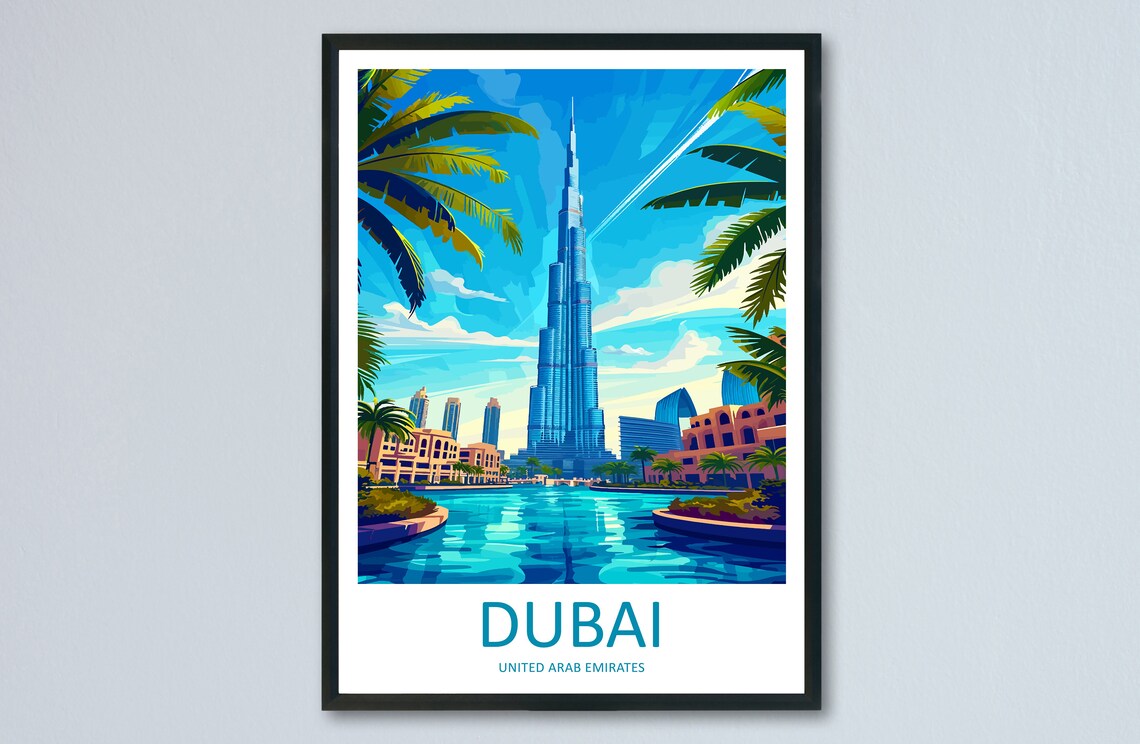 Dubai United Arab Emirates Vintage Travel Poster Burj Khalifa Skyline