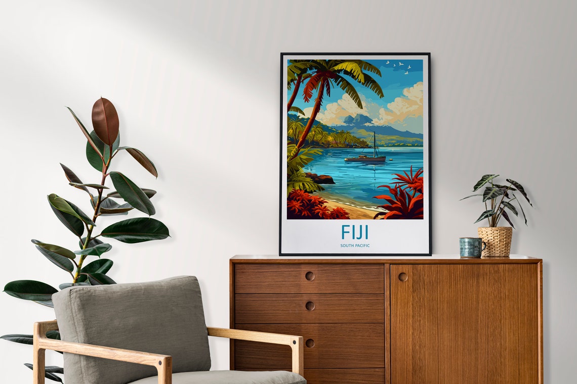 Fiji South Pacific Tropical Beach Palms Sailboat Travel Poster - Image 2