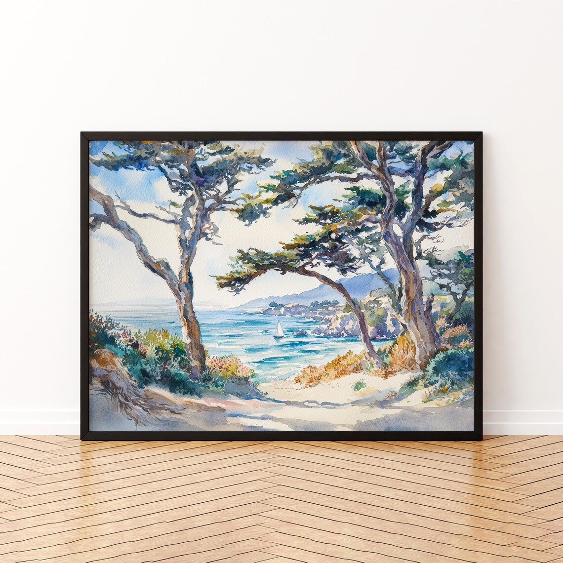 Monterey Bay Watercolor Travel Poster, Coastal City