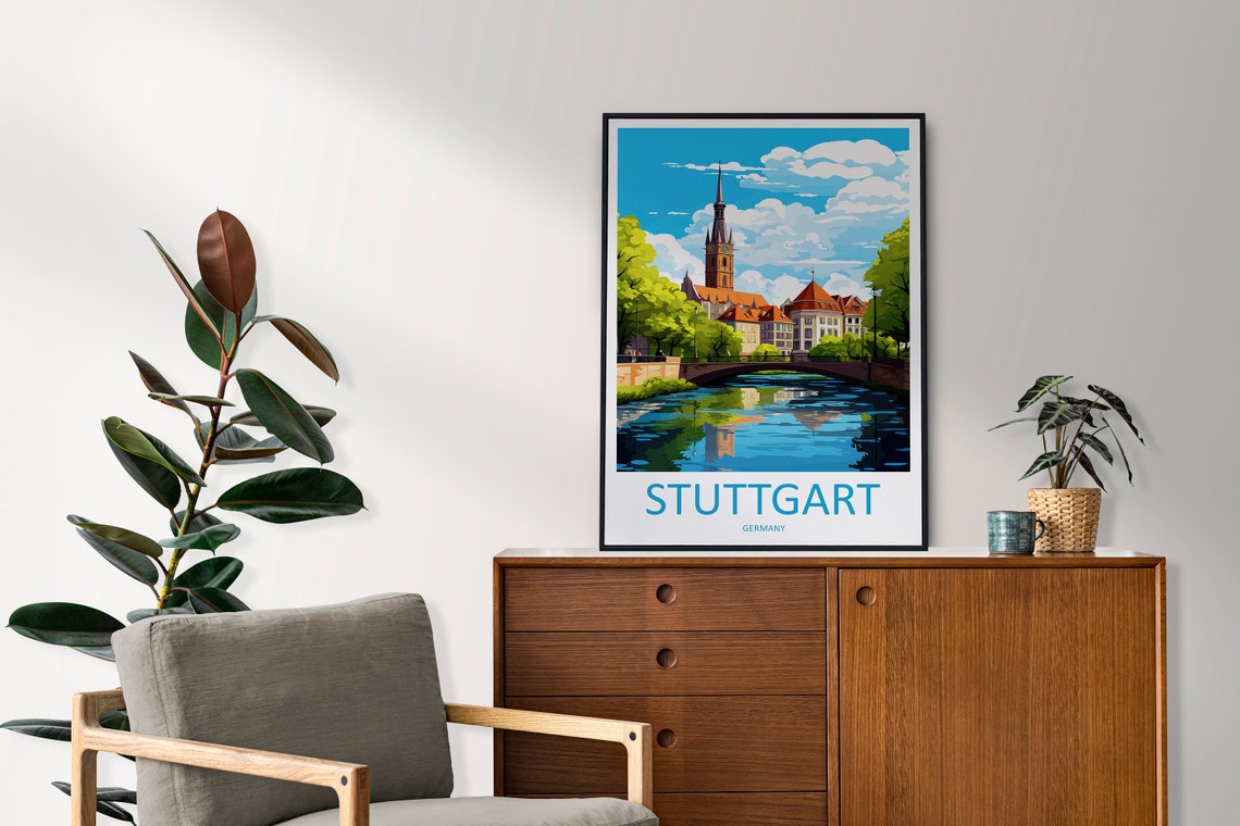 Stuttgart Germany Historic Church Spire River Bridge City View Poster - Image 2
