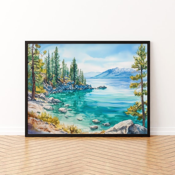 Lake Tahoe Turquoise Lake Pines Watercolor Mountain Travel Poster