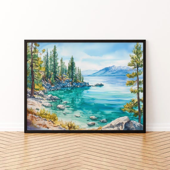 Lake Tahoe Watercolor Poster Travel Print Mountain Painting Nature Wall Art Usa Decor Souvenir