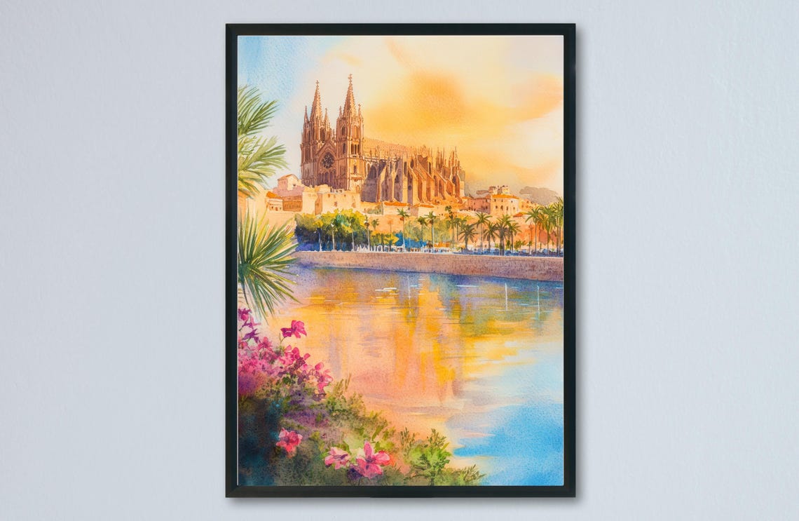 Palma de Mallorca La Seu Cathedral Golden Sunset Watercolor Poster