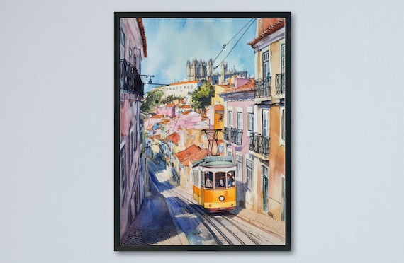Lisbon Yellow Tram 28 Watercolor Street Scene Portugal Travel Poster
