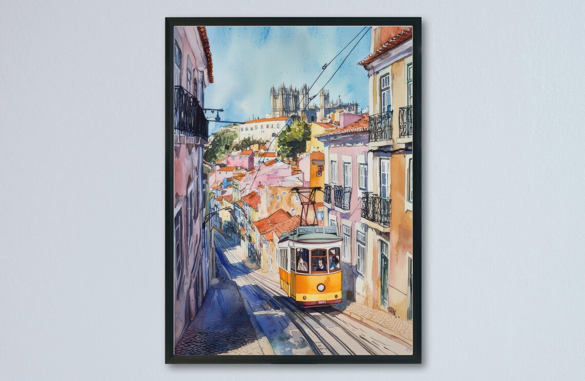 Lisbon Yellow Tram 28 Watercolor Street Scene Portugal Travel Poster