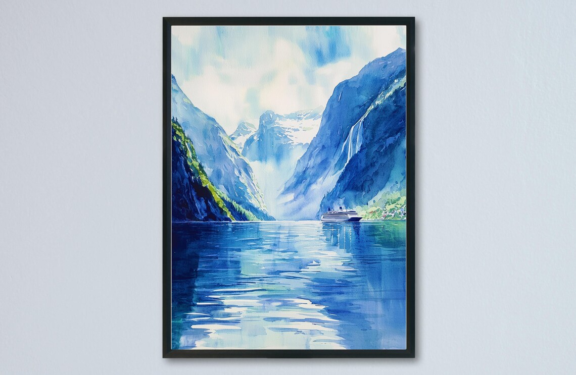 Norwegian Fjords Cruise Ship Waterfall Watercolor Travel Poster