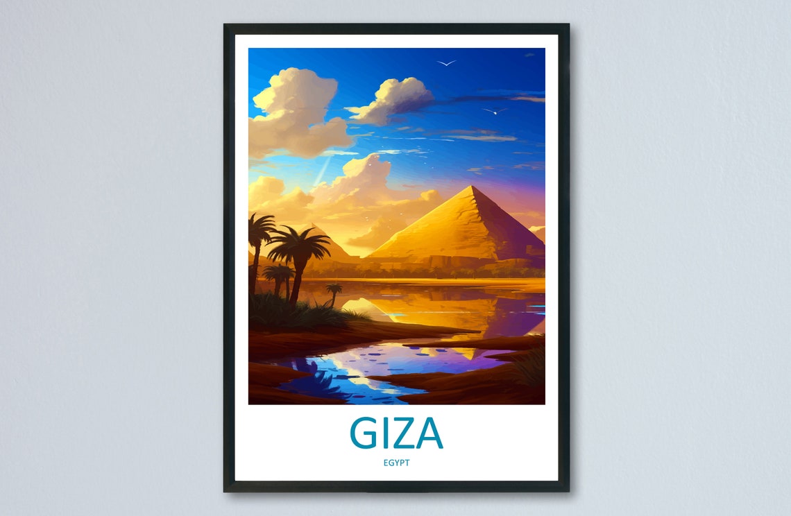 Giza Egypt Sunset Pyramid Palm Reflection Golden Travel Poster