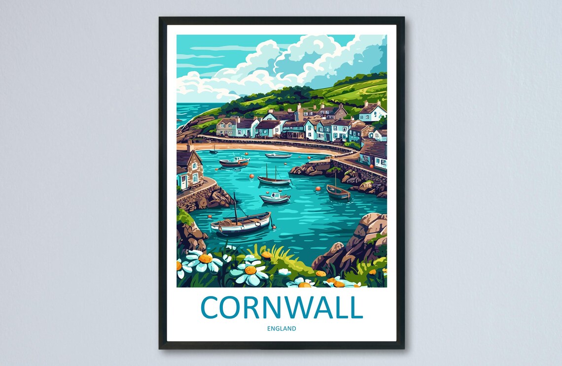 Cornwall Fishing Harbor Village Boats Daisies England Travel Poster