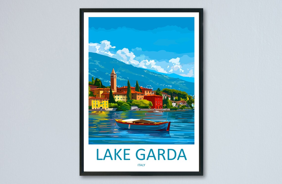 Lake Garda Italy Lakeside Village Boat Vintage Travel Poster