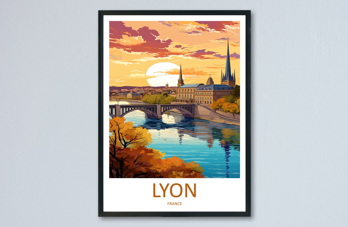 Lyon France Sunset River Bridge Cityscape Golden Hour Travel Poster