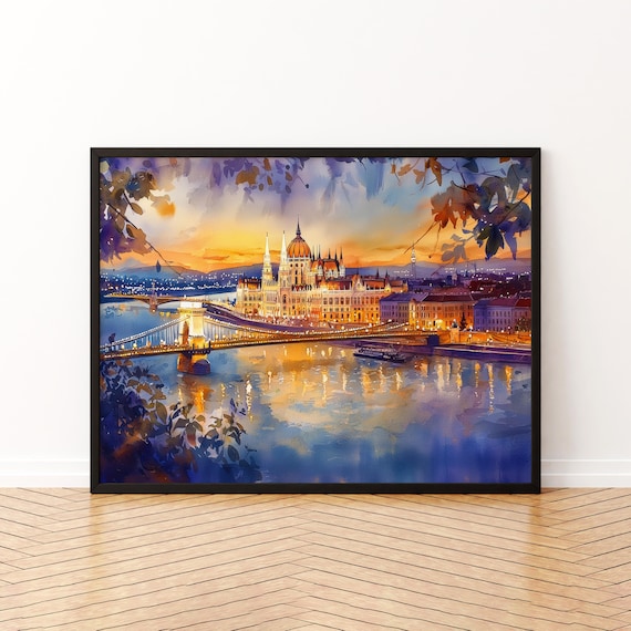 Budapest Parliament and Chain Bridge Sunset Watercolor Poster