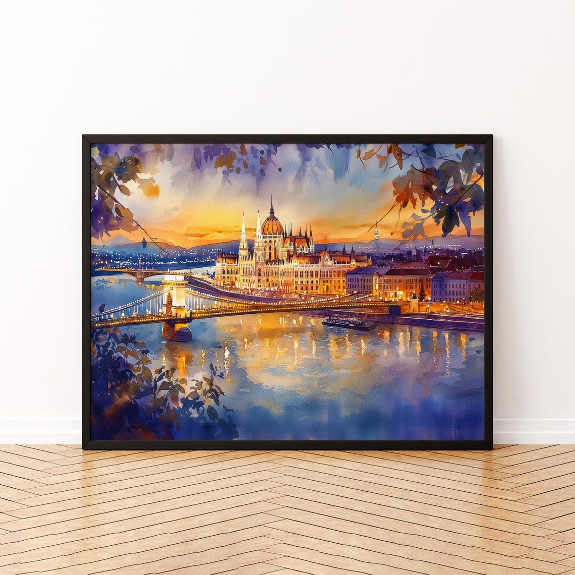 Budapest Parliament and Chain Bridge Sunset Watercolor Poster