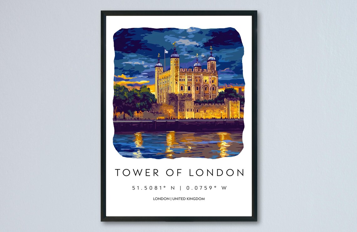 Tower of London Night Thames Historic Castle Watercolor Poster