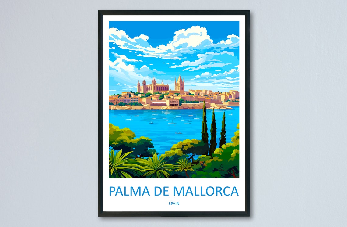 Palma de Mallorca Spain Cathedral Over Harbor Bay Travel Poster