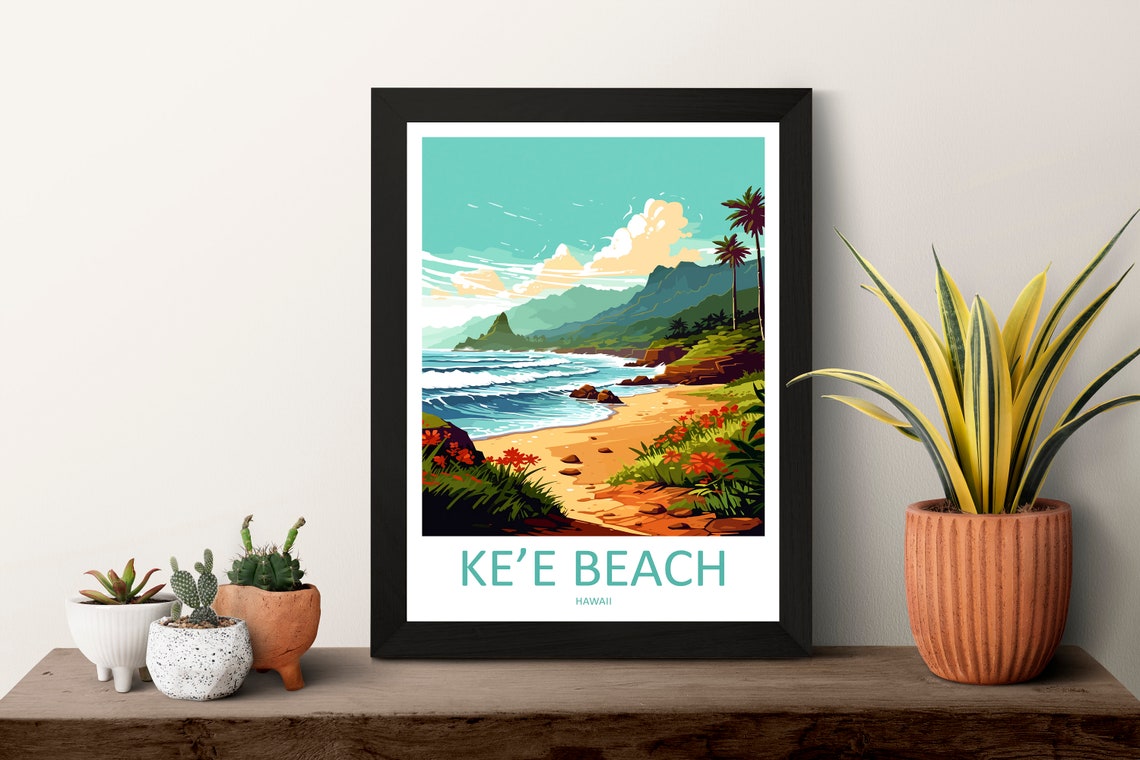 Ke'e Beach Hawaii Golden Sand Waves Mountains Flowers Travel Poster - Image 3