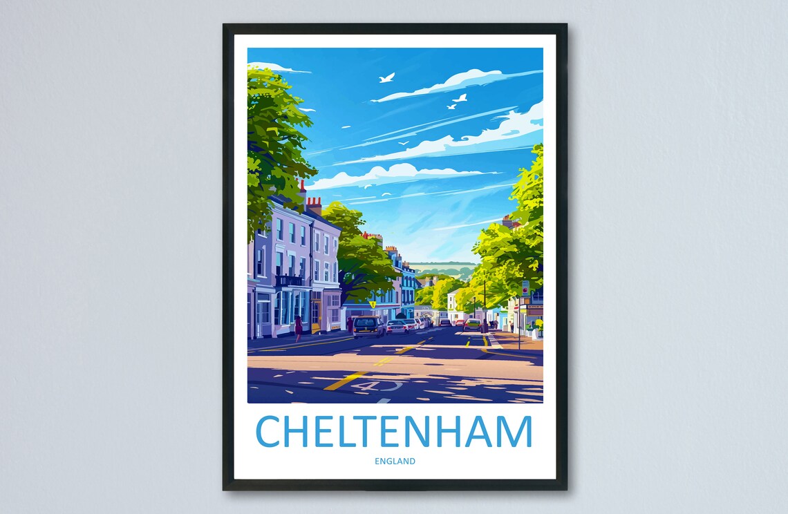 Cheltenham England Sunny Tree Lined Town Street City Travel Poster