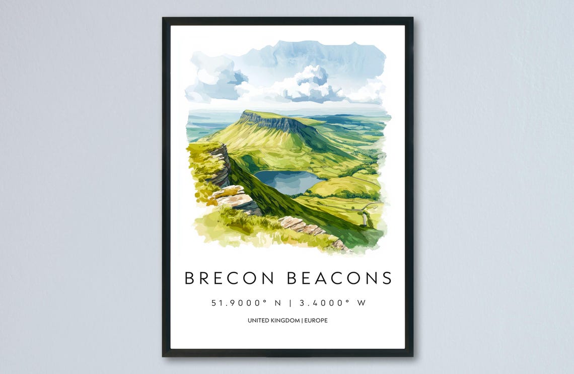 Brecon Beacons Mountain View Wales Scenic Watercolor Travel Poster